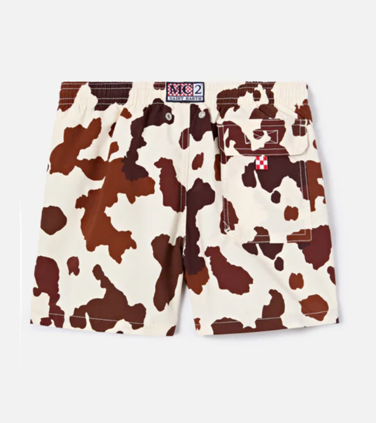 Jean swim shorts with cow animal print