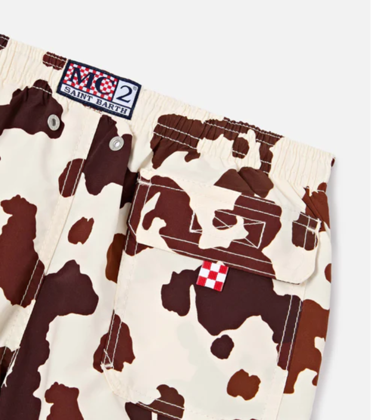 Jean swim shorts with cow animal print