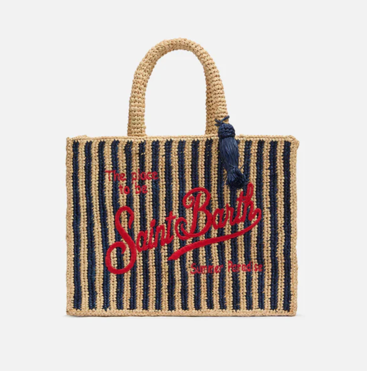 Colette Raffia navy blue striped handbag with logo embroidery