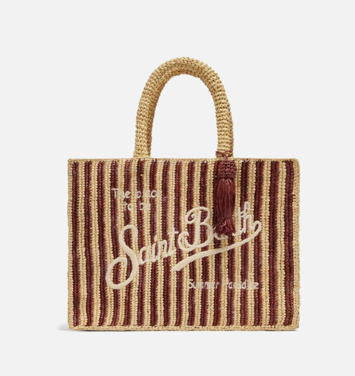 Colette Raffia brown striped handbag with logo embroidery