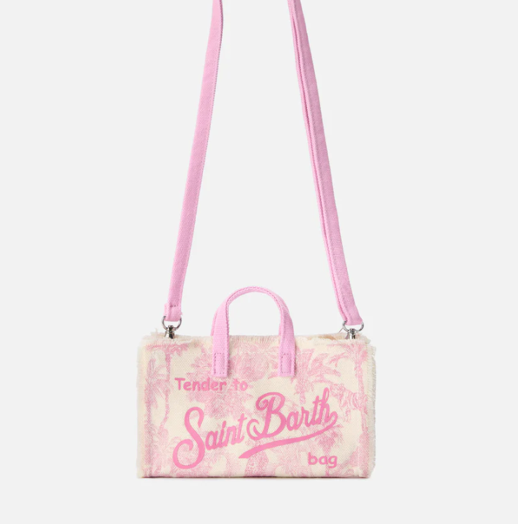 Micro Phone canvas bag with pink toile de jouy print and contrasting logo