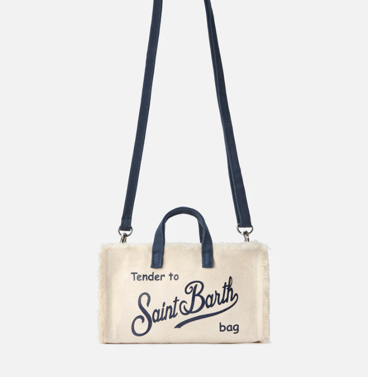 micro Phone canvas bag in white with blue details and contrasting logo