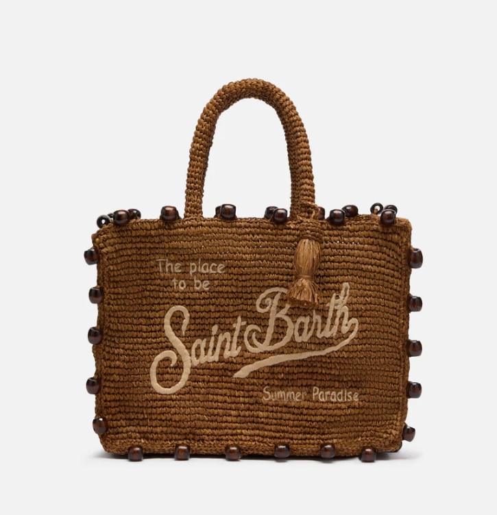 Colette raffia bag with embroidered logo and applied beads