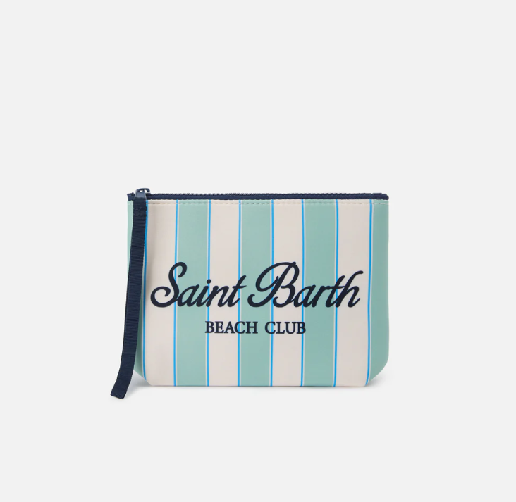 Aline scuba pouch with mint green stripes and Beach Club logo