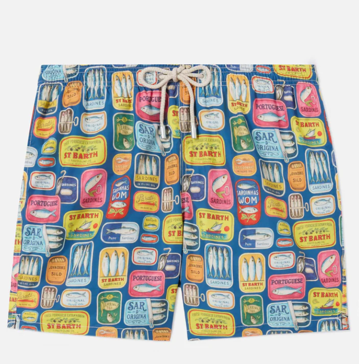 Blue Lighting swim shorts with all-over sardine tins print