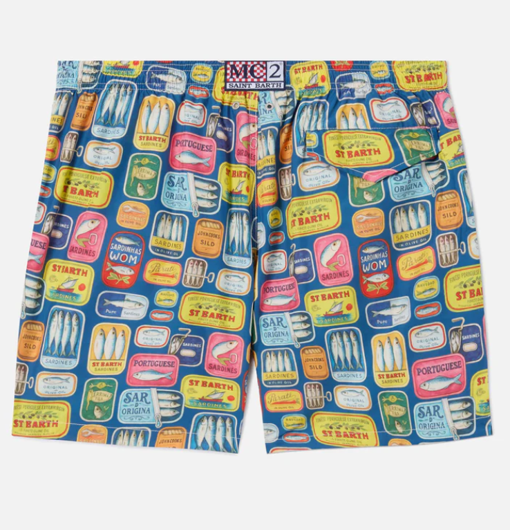 Blue Lighting swim shorts with all-over sardine tins print