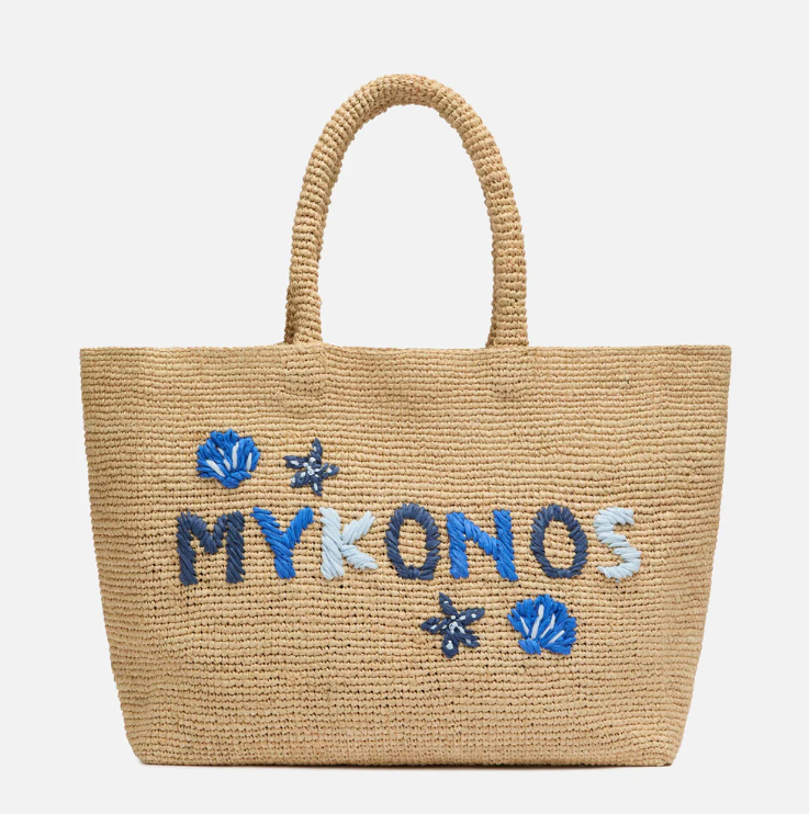 Beige Raffia Beach bag with cotton pouch and Mykonos embroidery