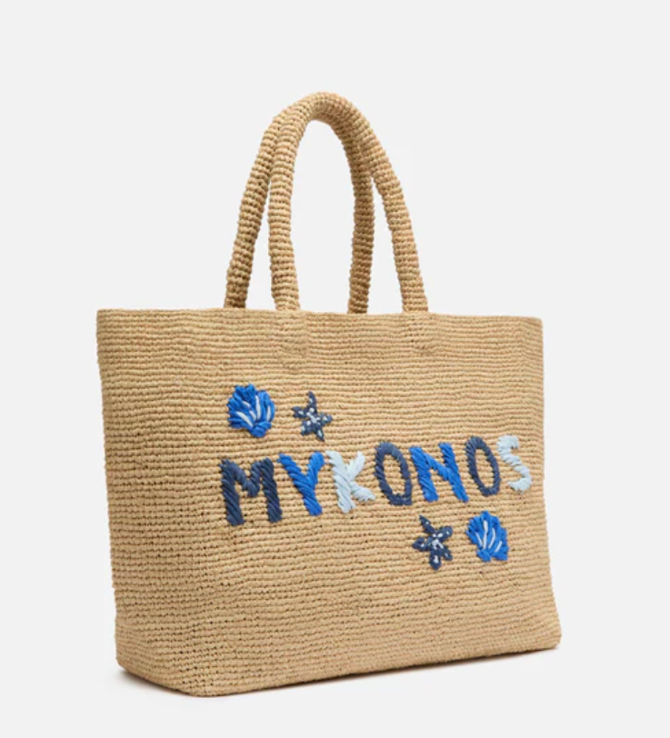 Beige Raffia Beach bag with cotton pouch and Mykonos embroidery