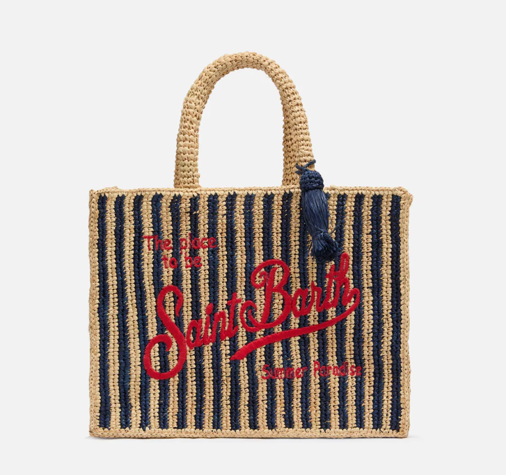 Colette Raffia navy blue striped handbag with logo embroidery