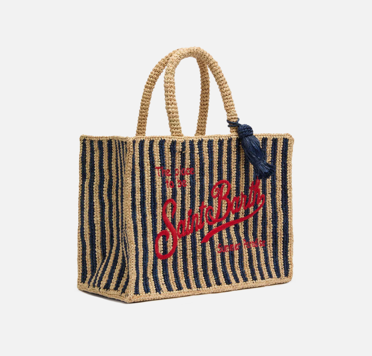 Colette Raffia navy blue striped handbag with logo embroidery
