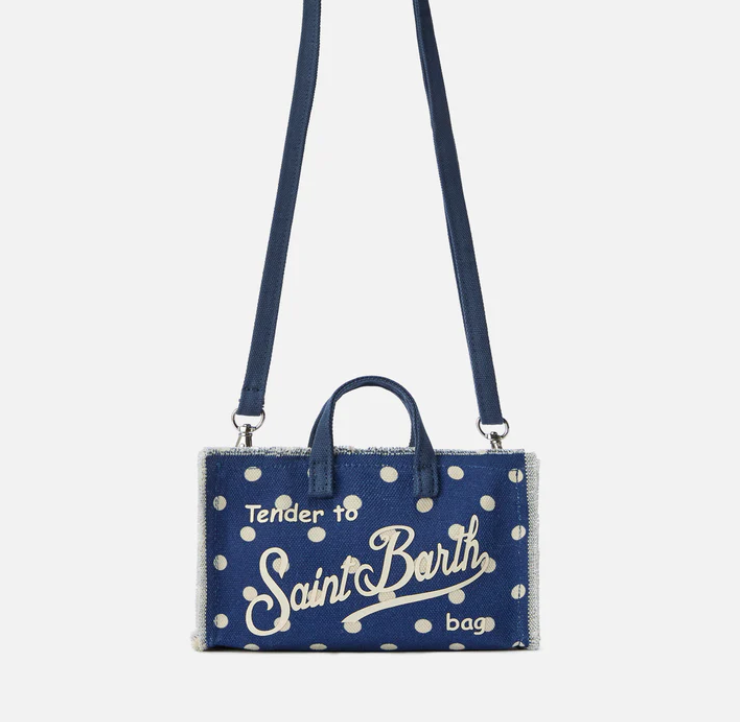 Micro Phone blue polka dot canvas bag with contrasting logo
