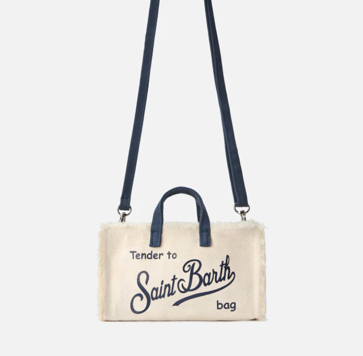 micro Phone canvas bag in white with blue details and contrasting logo