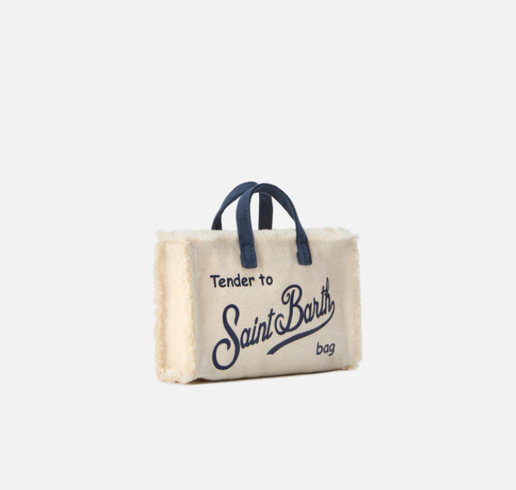 micro Phone canvas bag in white with blue details and contrasting logo
