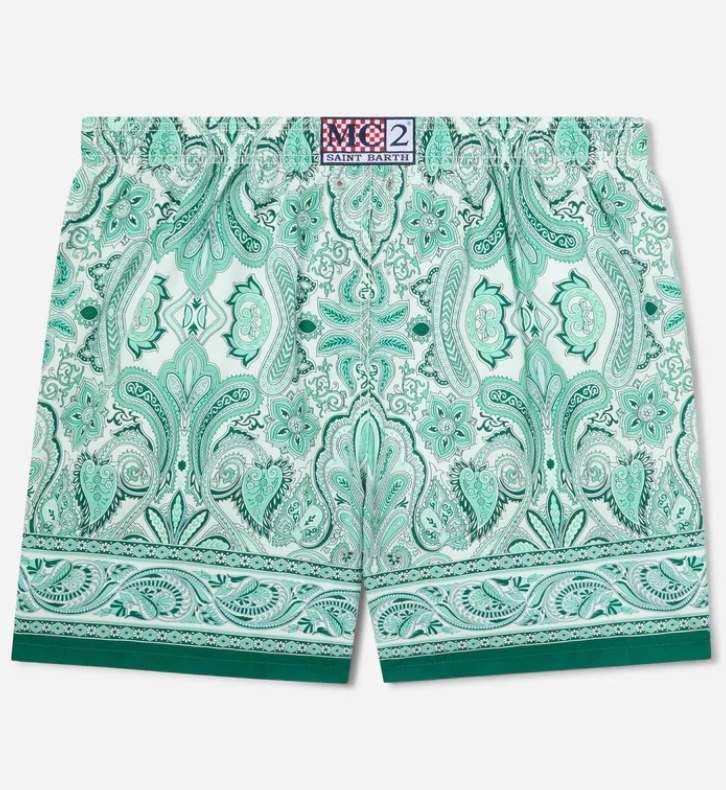 Gustavia swim shorts with green paisley print