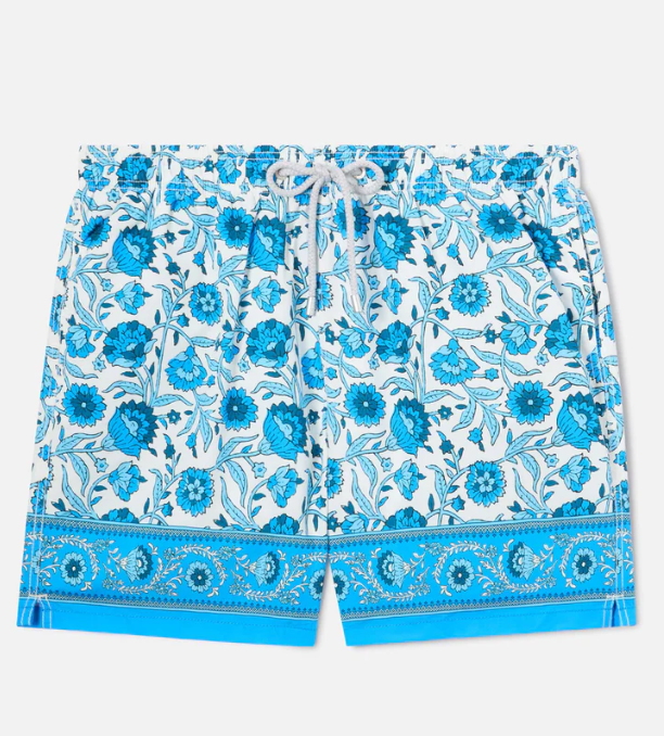 Gustavia swim shorts with blue batik floral print