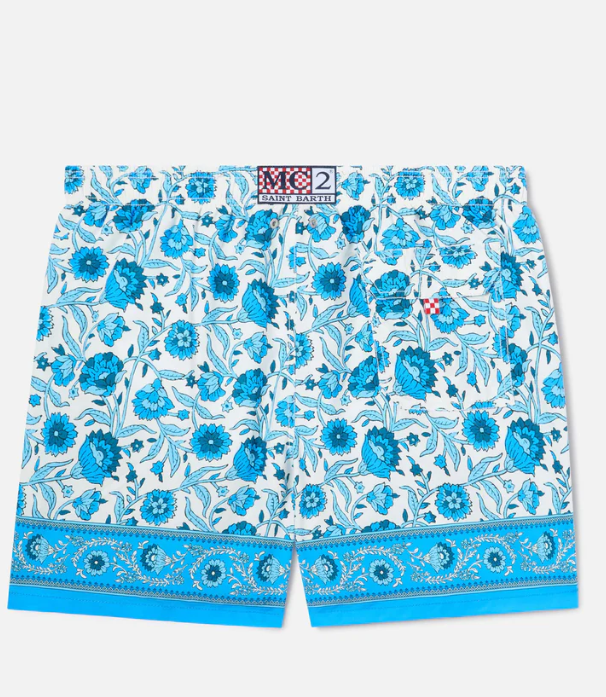 Gustavia swim shorts with blue batik floral print