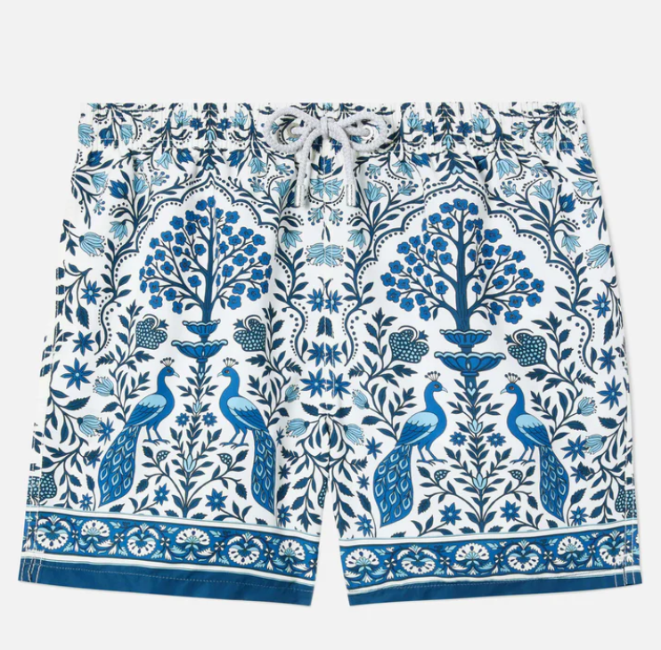 Gustavia white swim shorts with contrasting peacock print
