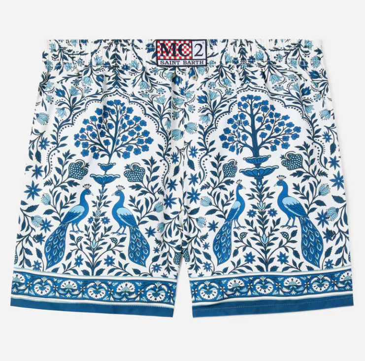 Gustavia white swim shorts with contrasting peacock print
