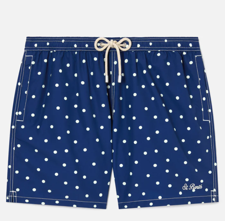 Syros swim shorts in blue with polka dot embroidery