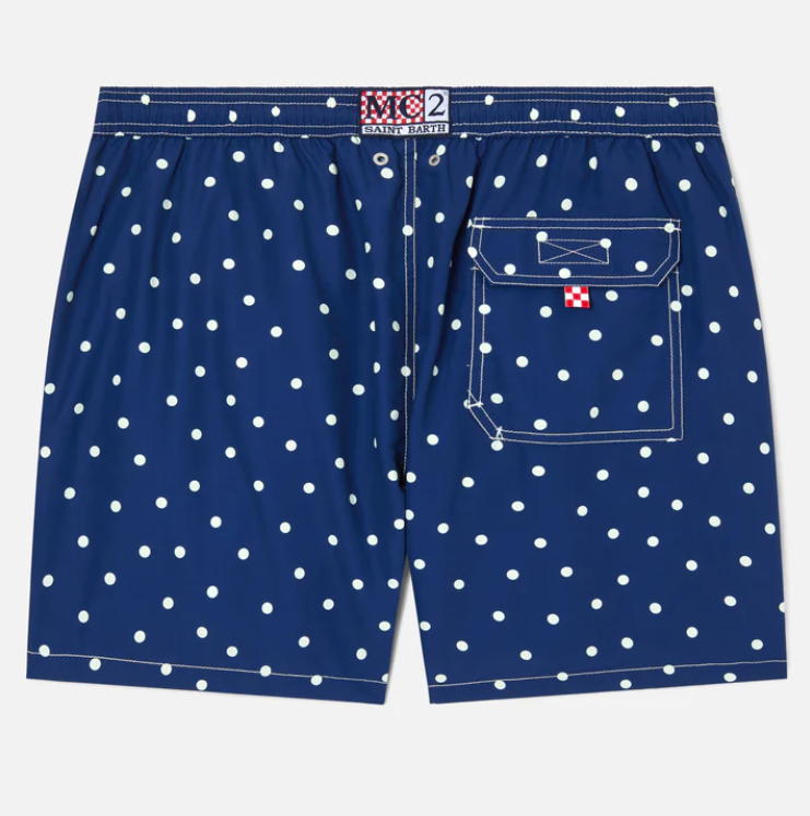 Syros swim shorts in blue with polka dot embroidery