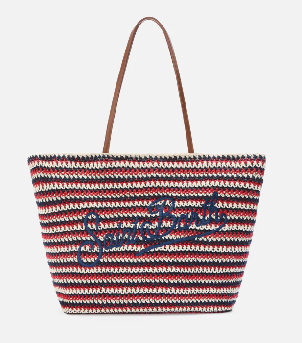 Crochet Tote bag in blue and red stripes with embroidered logo