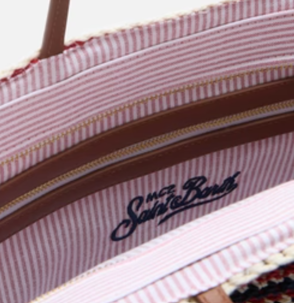 Crochet Tote bag in blue and red stripes with embroidered logo