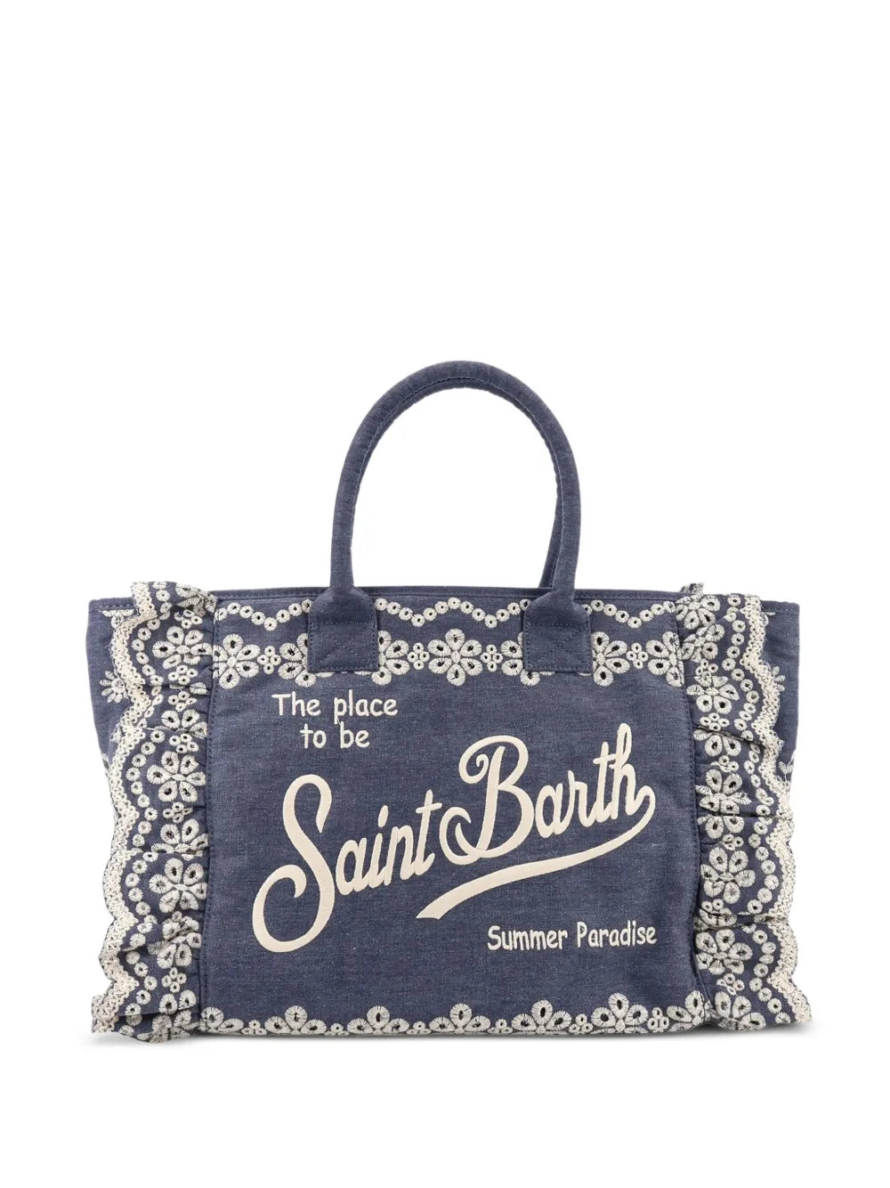 embroidered ruffled tote bag