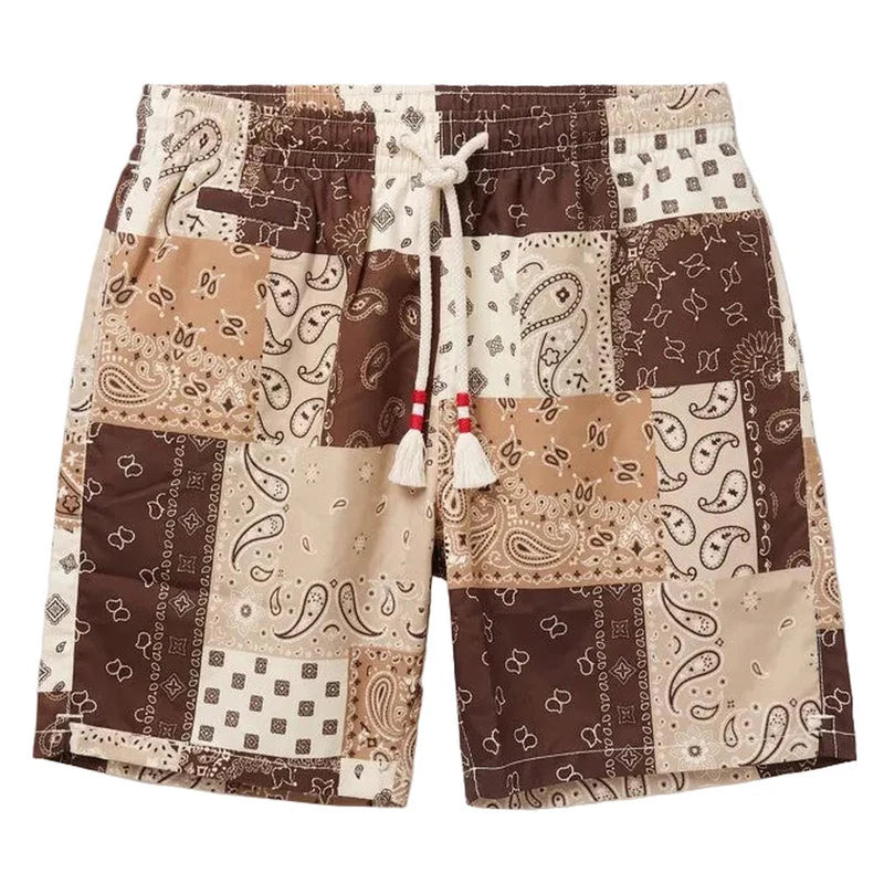 Caprese Brown Swim Shorts in Bandana Patch Print